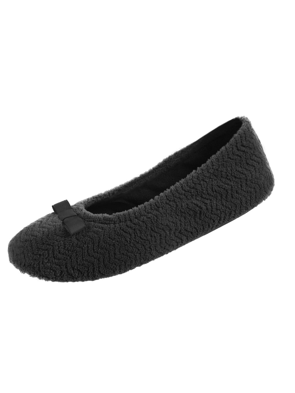 isotoner Womans Black Non Slip Chevron Ballerina Slippers with Bow, NWT